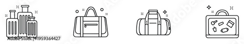 Collection of modern outline icons depicting various travel luggage, duffel bags, and packed essentials, perfect for travel agency websites, vacation guides, and booking applications