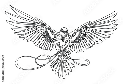 A mechanical steampunk bird with outstretched wings and intricate gears and springs forming its body, featuring a prominent heart shape, ideal for unique decorative prints, themed