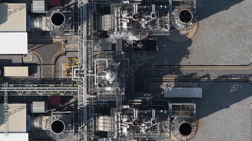 Aerial top down view of natural gas power plant generating electricity