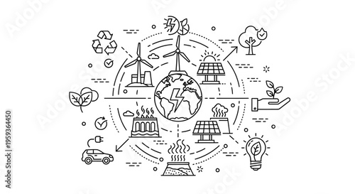 Eco friendly icons, sustainable energy symbols, green technology illustrations, environmental conservation graphics