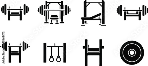 Set of 8 black glyph vector icons featuring various gym equipment including barbells, weight benches, power racks, and gymnastic rings, ideal for fitness apps and websites. isolated PNG with