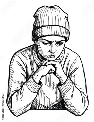 A pensive young adult wearing a beanie and a sweater looks down with hands clasped, conveying a mood of reflection, worry, or introspection, ideal for mental health awareness or emotional