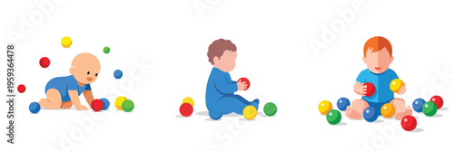 A set of toddler playing with bright balls, flat vector illustration, no outlines, white background