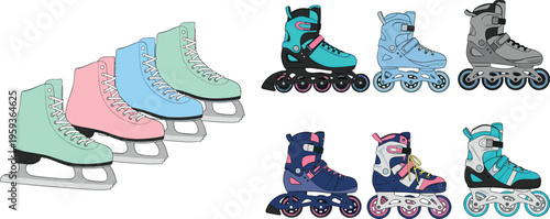 Set of Ice Skates and Roller Skates Illustrations Winter and Inline Skating Footwear Collection Isolated on White Background Sports Vector