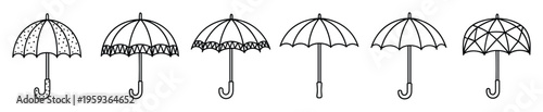 Collection of outlined umbrella illustrations featuring different canopy and handle styles, perfect for weatherrelated graphics, seasonal projects, or educational resources