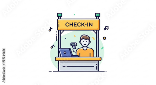 Man checking in at a yellow ticket counter with music notes around
