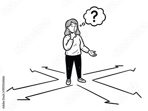 Pensive woman standing at a crossroads contemplating her future and expressing uncertainty about which path to take for an important life decision