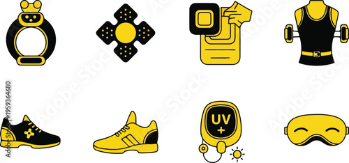 Set of 8 black and yellow vector icons featuring fitness, health, and personal care items like running shoes, sleep mask, and UV meter for web, app