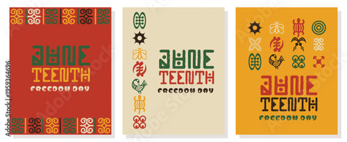 Juneteenth, Freedom Day, African culture, celebration, A vibrant Juneteenth design featuring African Adinkra symbols and bold typography in red, green, and yellow. Perfect for posters
