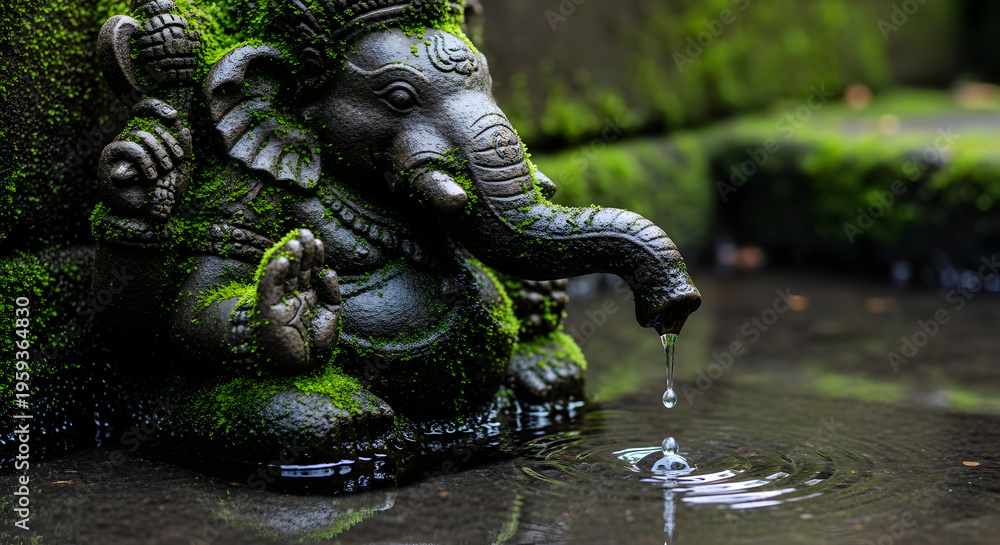 Fototapeta premium Detailed 3D artistic rendering of Lord Ganesha stone sculpture covered with natural green moss, featuring flowing water. Perfect for Diwali, Ganesh Chaturthi, spiritual meditation themes, Indian cultu