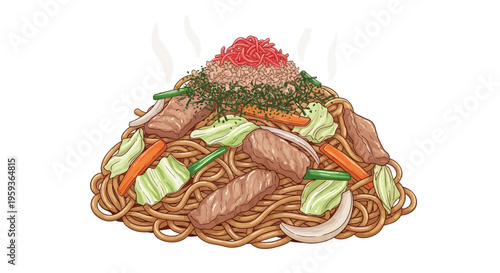 Delicious Yakisoba Noodles with Meat and Vegetables, Steaming Hot