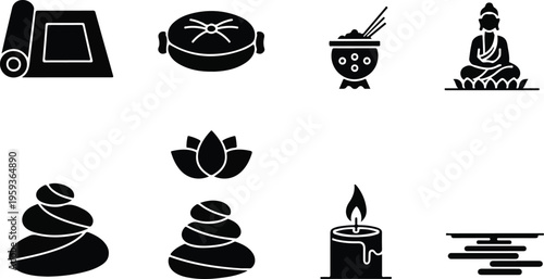 Set of 8 black silhouette spa and wellness vector icons featuring yoga mat, hot stone massage, incense, Buddha, lotus flower, stacked stones, and a burning candle