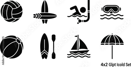 Set of 8 black silhouette summer beach and water sports activity icons vector, including volleyball, surfboard, swimming, snorkeling, beach ball, paddleboard, sailboat, and umbrella