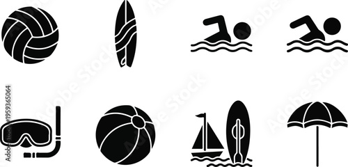 Set of 8 black silhouette summer beach and water sport activity icons vector, including volleyball, surfboard, swimmer, snorkel, beach ball, sailboat, paddleboard