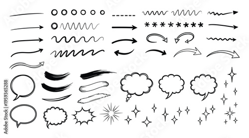 A versatile collection of hand drawn arrows, wavy lines, straight dashes, circles, comic speech bubbles, bold brush strokes, and sparkling star burst shapes for enhancing presentations,