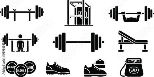 Set of 9 black glyph vector icons featuring gym equipment like barbells, dumbbells, weight plates, a bench, power rack, and athletic shoes for fitness and workout designs isolated PNG with