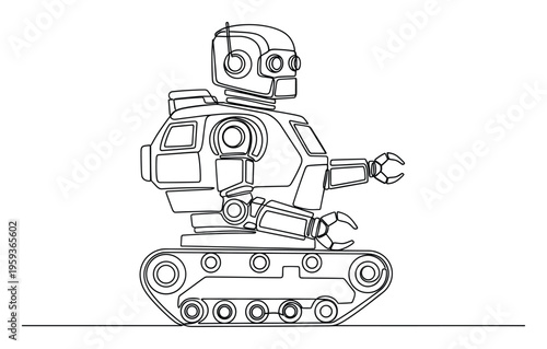 Modern single continuous line graphic of an advanced robotic machine on treads with robotic grippers, suitable for technology presentations or futurethemed applications.