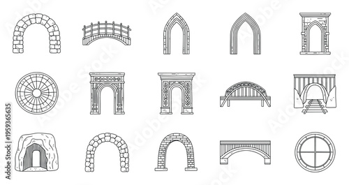A diverse collection of various architectural archway designs including stone arches, gothic doorways, ornate classical entrances, bridges, and cave tunnels for historical and conceptual