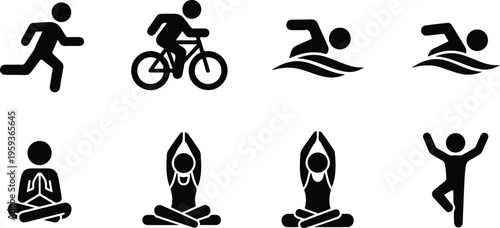 Set of 8 black silhouette vector icons depicting various physical activities including running, cycling, swimming, meditation, and yoga poses, ideal for fitness and wellness designs. isolated