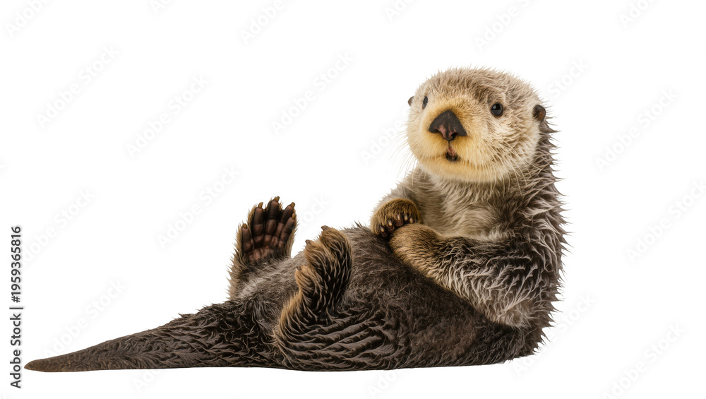 Naklejka premium Adorable sea otter floating on its back, showcasing its playful and curious nature