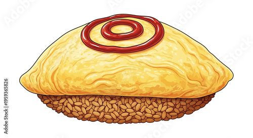 Omurice, Japanese omelet rice dish with ketchup topping, illustration