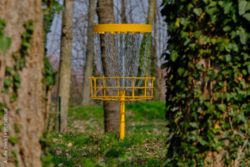 Discgolf basket in the park between trees