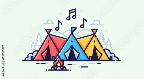 Colorful tents with campfire and music notes in forest clearing for outdoor adventure and relaxation