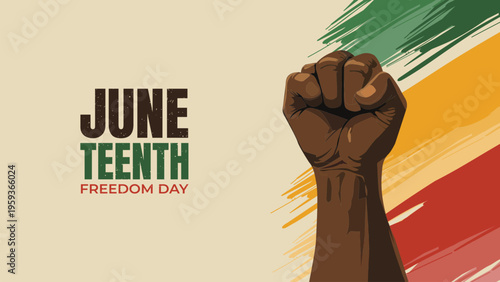Vibrant Juneteenth banner with raised fists in red, green, and yellow, decorative African-inspired patterns, and bold typography. Retro vector style ideal for posters,and cultural celebration