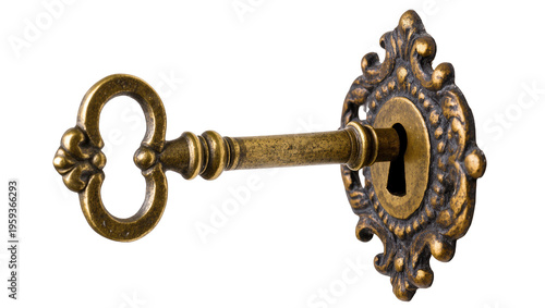 Obraz na plátně Antique brass skeleton key engaging an ornate escutcheon for secure access