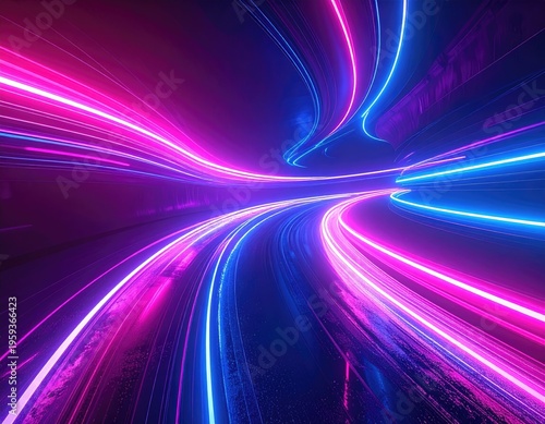 Neon lines streak through a dark tunnel creating speed
