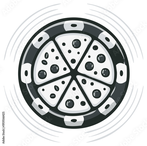 Stylized cartoon pizza slice arrangement inside a casino chip with radiating lines
