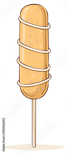 Golden brown corn dog hot dog on a stick with a white spiral topping fast food snack cartoon