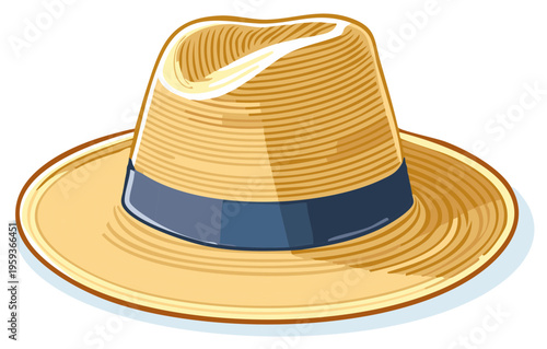 Illustration of straw fedora hat with blue ribbon. Summer style hat for men or women