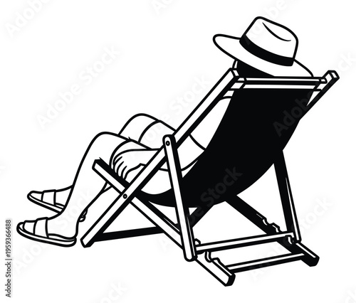 An individual wearing a widebrimmed hat and sandals leisurely relaxes in a classic beach chair, perfect for summer vacation promotions, travel agency marketing, or relaxation themed
