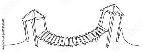 Simple continuous line art drawing of a minimalist rope bridge connecting two towers for a playful connection journey or architectural structure concept