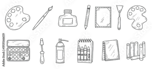 A complete collection of painting and sketching implements and materials essential for hobbies, educational pursuits, and various handmade projects.