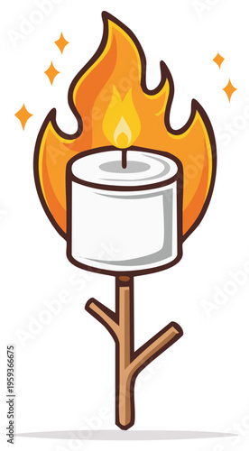 Toasted Marshmallow on Stick Over Campfire Flame with Sparkles