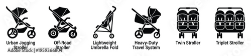 Illustrative set displaying diverse stroller types such as urban jogging, offroad, lightweight umbrella fold, heavyduty travel system, twin, and triplet models, suitable for product guides