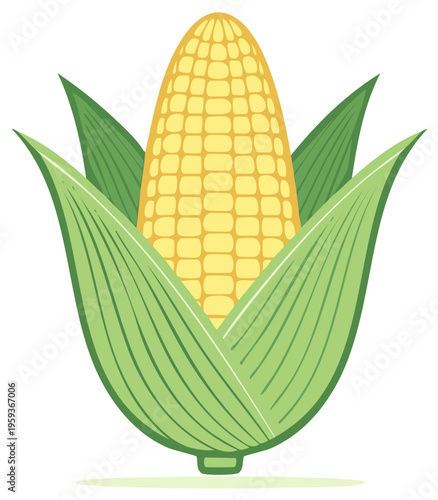 Vibrant Yellow Corn Ear with Green Husk Leaves Flat Design Illustration