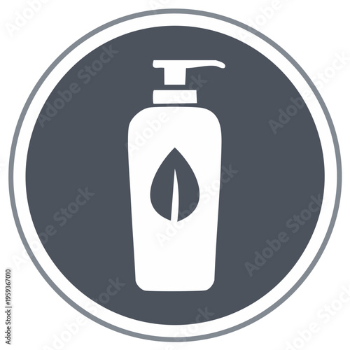 Organic cosmetic lotion pump bottle icon with a natural leaf symbol for beauty products