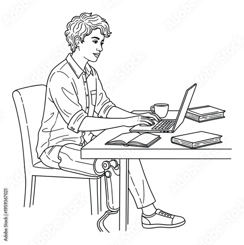 Young adult with a prosthetic leg focused on typing on a laptop at a desk with books and a coffee mug, perfect for representing accessibility, learning, and modern work life.