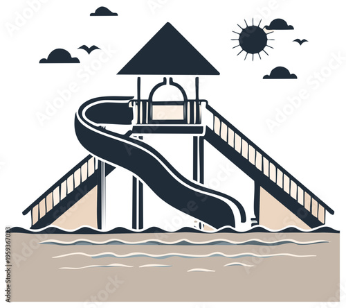 Children's playground water slide tower with stairs and wavy water below