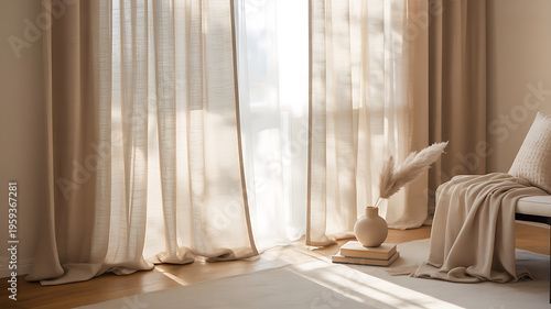 Cozy corner of a room with linen sheer curtains and an armchair draped with a blanket next to pampas grass in a vase under soft glowing sunlight for lifestyle and home comfort
