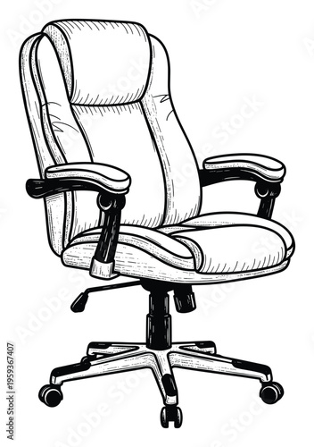 A vintage style black and white line drawing of an ergonomic swiveling office chair with armrests and wheels, perfect for business publications or furnishing catalogs.