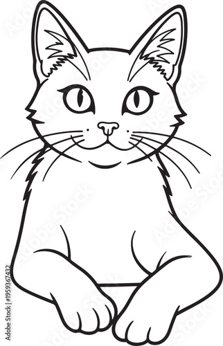 A simple black and white line drawing of a cute domestic cat's head and front paws peeking over an unseen surface, perfect for various design and illustration projects