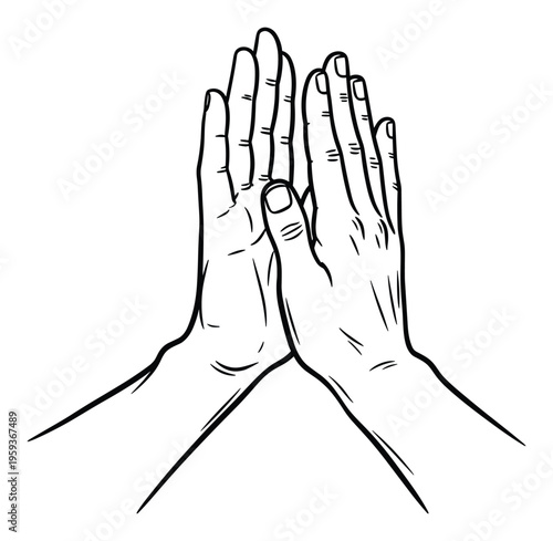 Two hands performing a highfive gesture or prayer hands, suitable for concepts of collaboration, greeting, unity, success, and spiritual practices for various commercial projects.