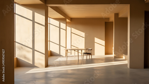 Large empty industrial room with high ceilings and concrete floor featuring a lone table and chair under dramatic geometric shadows from large at sunset