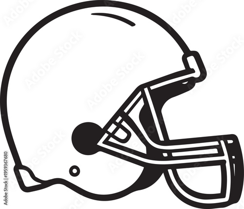 An iconic football helmet, a symbol of gridiron competition, protection and sporting valor, rendered in stark monochrome lines.