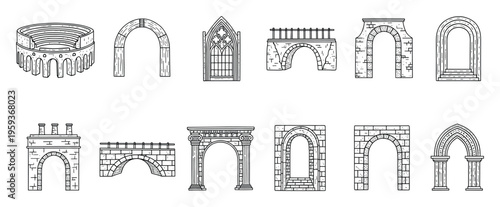 Collection of hand drawn architectural arches bridges and historical structures perfect for ancient city building game assets or educational construction history materials