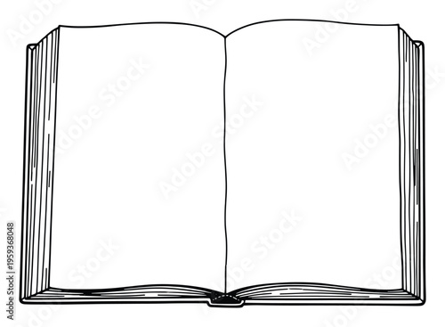 Simple line drawing of an open blank book with empty pages suitable for educational resources content creation writing inspiration or graphic design mockups